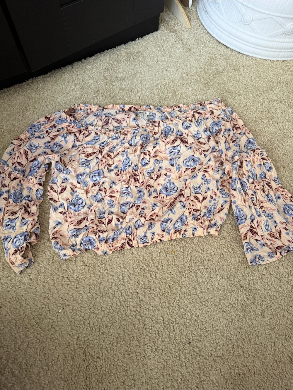 Forever 21 Peach Off-Shoulder Crop Top with Blue Floral Print